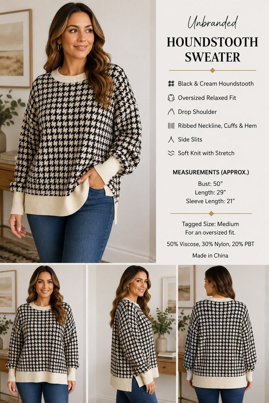 Women’s M Houndstooth Sweater Black Cream Oversized Pullover Drop Shoulder Knit